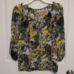 Sheer Liz Claiborne Black, Yellow, and White Floral Blouse